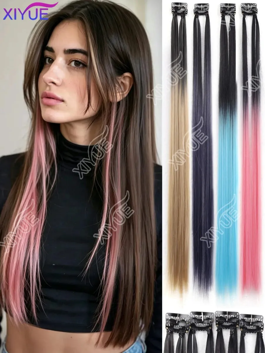 XY Hair Extensions 2pcs/pack Straight Extensions Multi-Colors Highlights Synthetic Hair Rainbow Hairpieces for Girls Halloween
