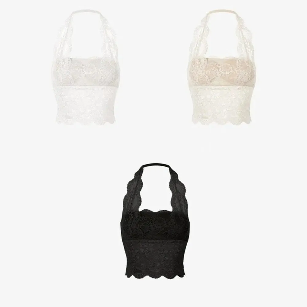 Chest Cushion Top Mesh Flower Lace Camisole Sleeveless Transparent Lace Crop Tops Bottoming Shirt Halter Neck Camisole Ladies