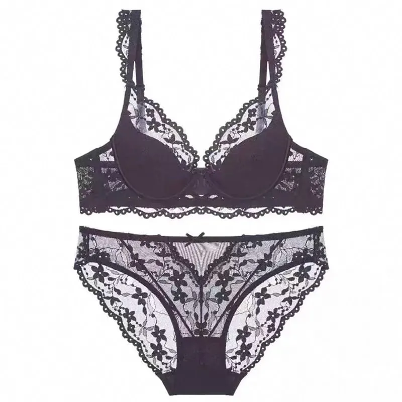 Set Lingerie Renda Lengan Flutter Prancis Wanita Bra Minimizer Punggung Cantik Seksi Bersirkulasi Cup Tipis Berkawat Lembut 32 ‑ 38