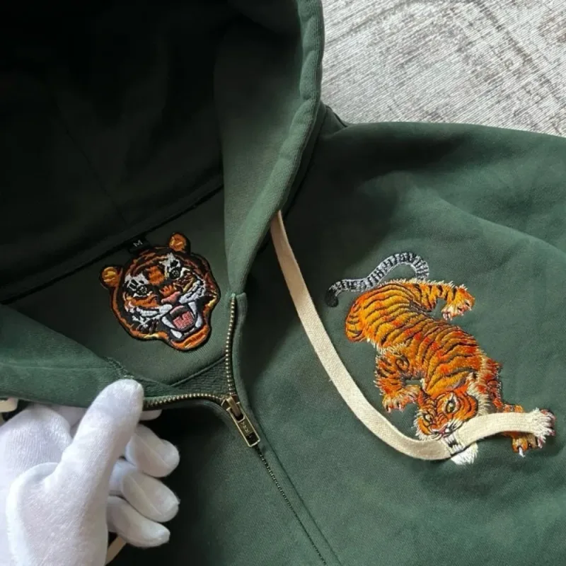 Y2k Men Women Casual Tiger Embroidery Hoodie Oversized Zip Up Sweatshirts Long Sleeve With Kangaroo Pocket Olive Green Clothes