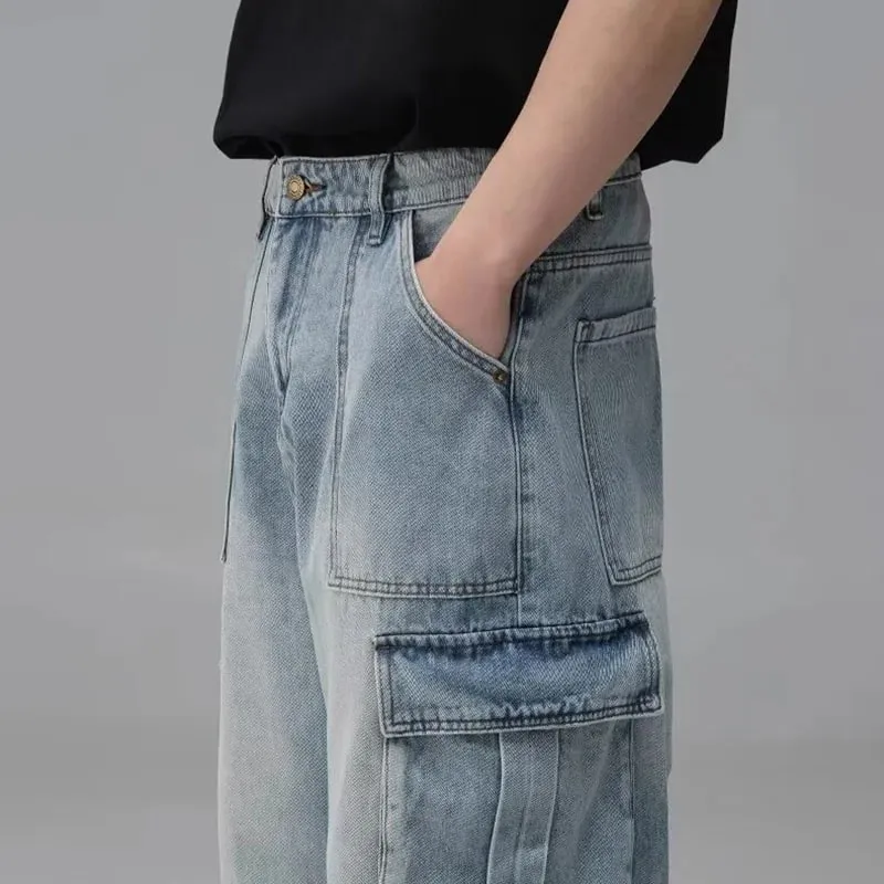 Men'S Spring And Summer Multi Pocket Workwear Design Jeans Retro Washed Japanese And Korean Casual Pants Loose Wide Leg Pants
