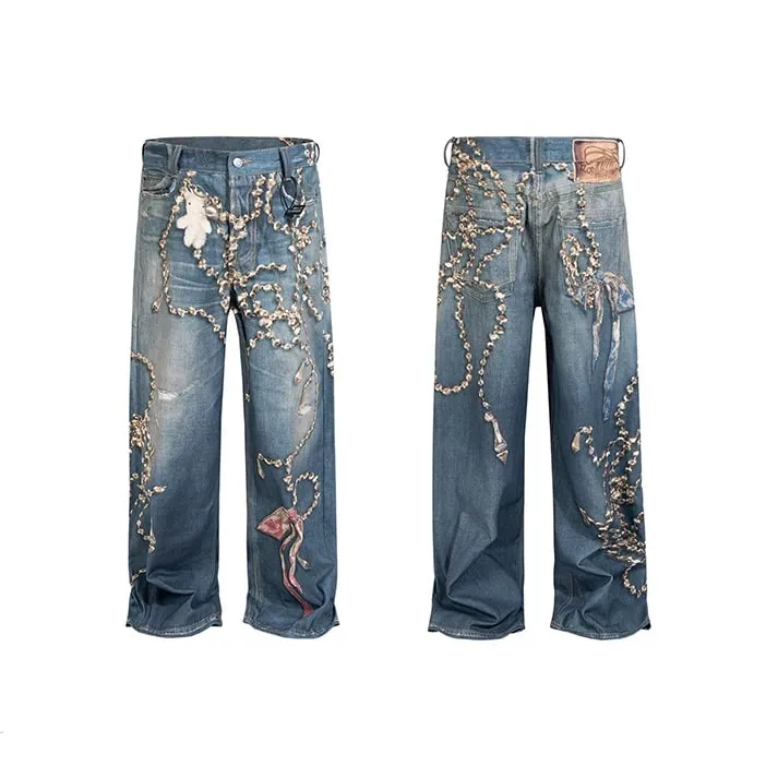 Fake Two Pieces 3D Print Patchwork Baggy Jeans for Men and Women Straight Casual Loose Denim Trousers Oversized