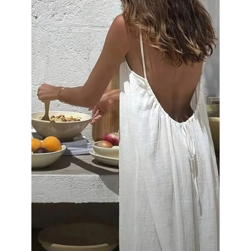 Women's Solid Color Backless Cami Dress Strappy Lounge Dress Open Back Maxi Length with Relaxed Fit Comfortable Home Wear​