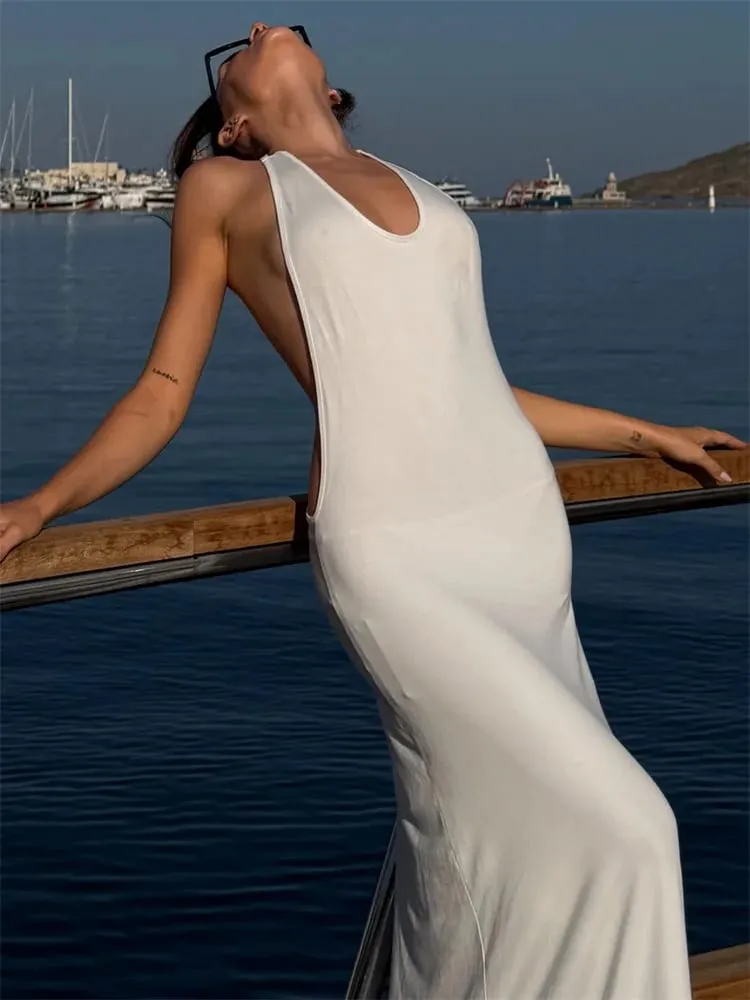 Tossy Abito lungo aderente da donna con scollo all'americana e schiena aperta, cinturino per spaghetti, anello dorato, abito da sera da sera, abito lungo da spiaggia estiva