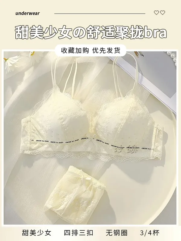 Women's lingerie set for small busts autumn and winter thin style minimizes large busts no underwire supports side breasts