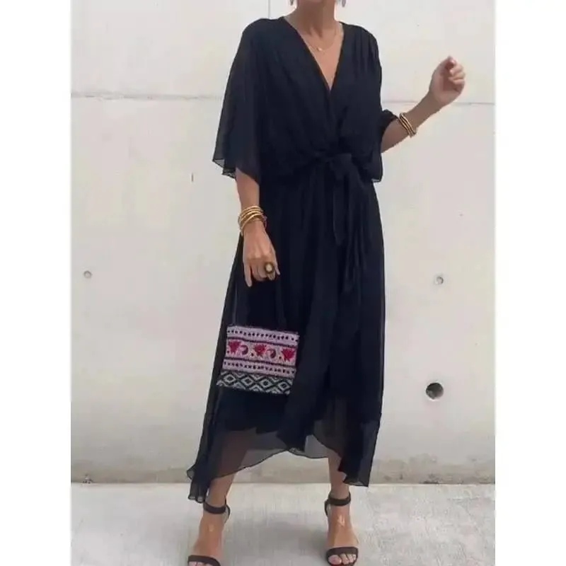 Stylish Elegant Chiffon Casual Solid Lace Up Dress Women V-Neck Bat Sleeves Irregulares Midi Dresses Summer Resort Wear