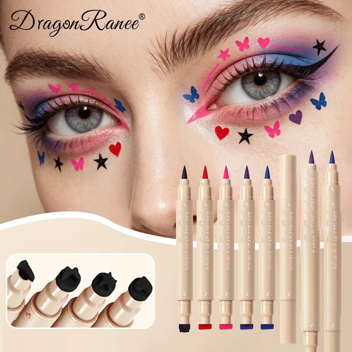 Double Head Stamp Liquid Eyeliner Smudge-Proof Quick Drying Waterproof 2 in1 Colorful Love Star Butterfly Eye Line Pencil Makeup
