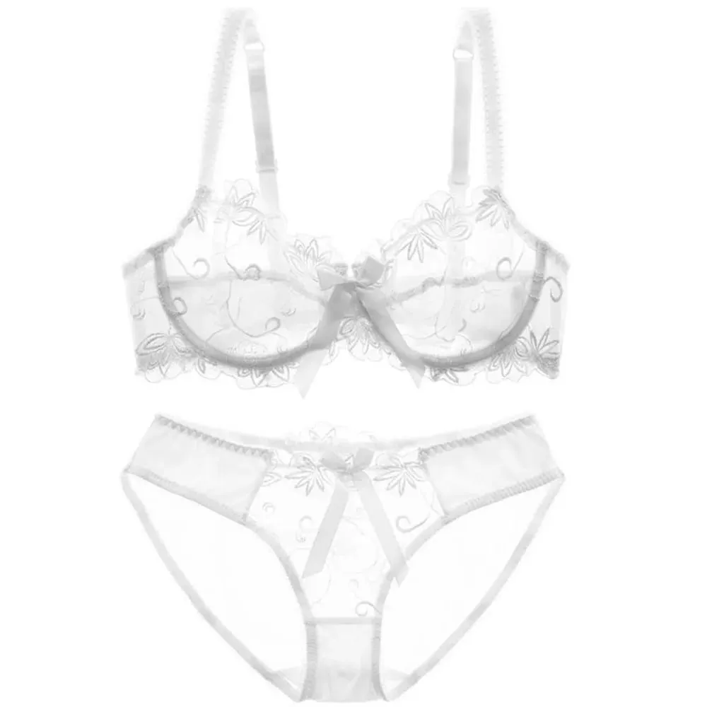 Conjunto de sutiã feminino sexy de malha transparente, minimizador fino, busto grande, laço, desejo puro, lingerie, sutiã, roupa íntima, 34-40 bc