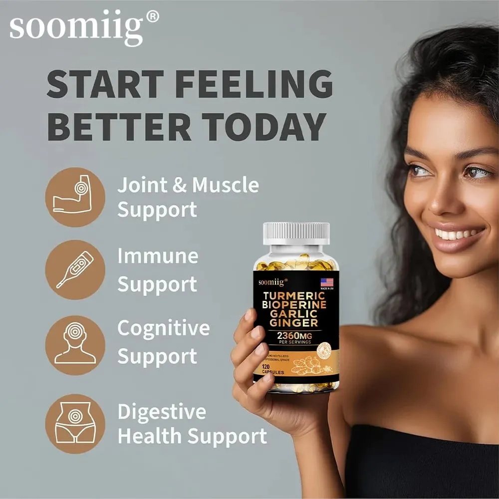 4-in-1 Turmeric and Garlic Supplements with Bioperine 2360 mg Ginger Root Capsules for Joint Digestion & Immune Health Support — image 3