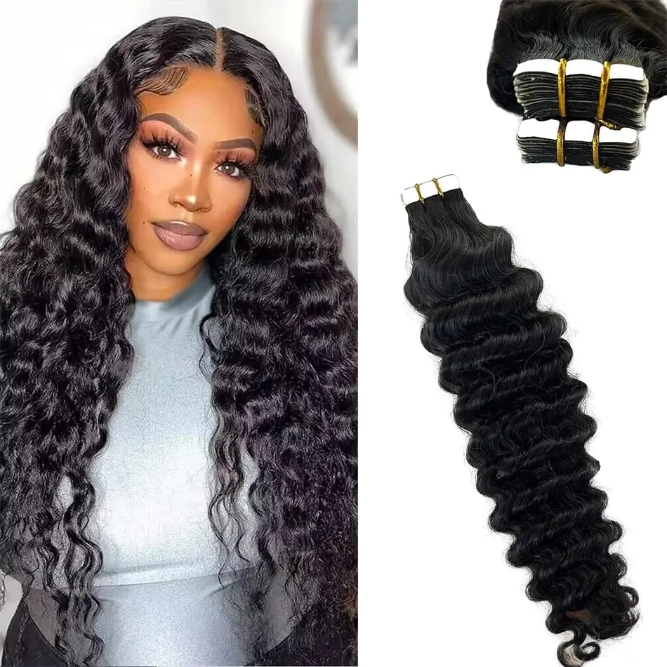 Deep Wave Tape In Extensions 100% Human Hair Deep Curly Tape on Hair Extensions Skin Weft Remy Natural Hair Extensions — image 1