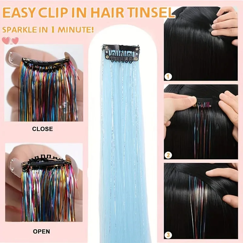 BB Clip in Synthetic Hair Extensions with Laser Silver Threads Colorful Shiny Hair Pieces for Party Daily Use No Damage — image 6