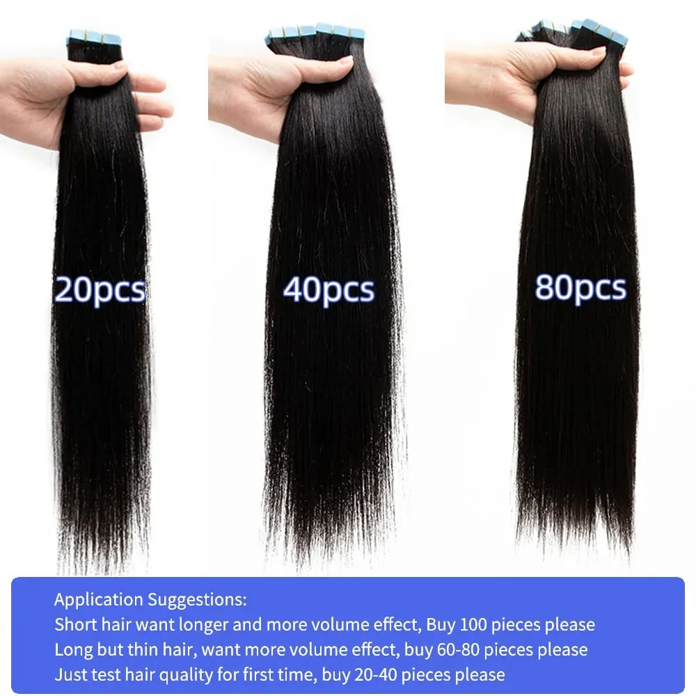Invisible Tape In Human Hair Extensions Light Yaki Straight Tape ins Remy Hair Nature Black Color 1B# 12-24 Inches Easy To Wear — image 3