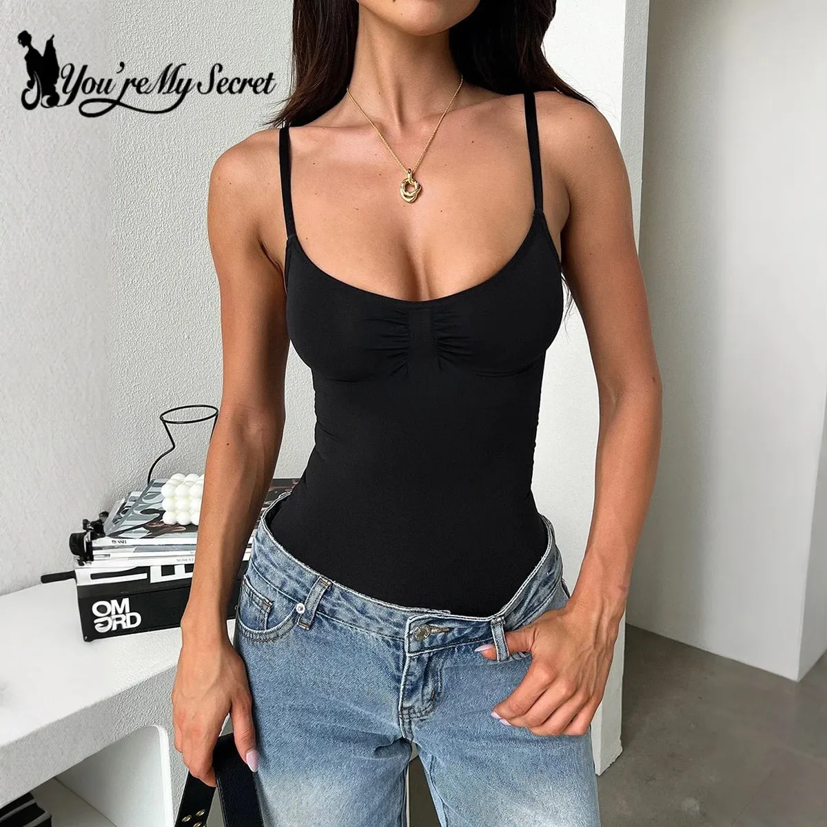 [You're My Secret] Brown Spaghetti Strap Bodysuit for Women Black Sleeveless Vest Top Y2K Gothic Bodysuit Fashion Streetwear