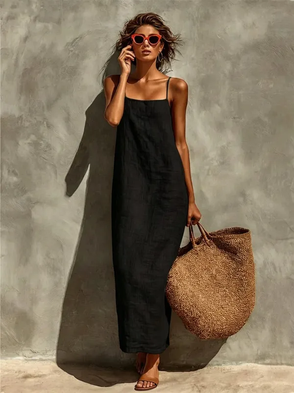 Summer Women Solid Color Casual Comfortable Slip Sundress Sand Beachwear Backless Sleeveless Loose Maxi Long Vacation Dresses