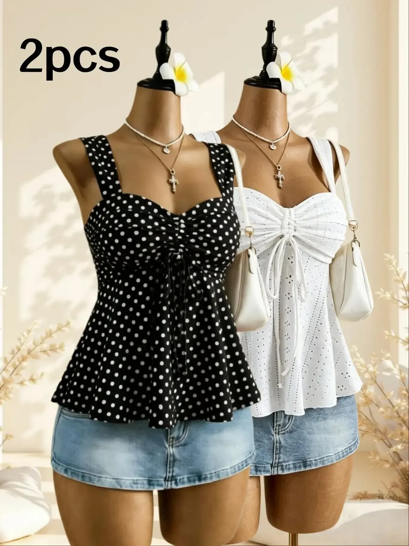 Women Sweetheart Neck Drawstring Ruched Peplum Cami Top Polka Dot Print Sleeveless Casual Camisole Outfit — image 13