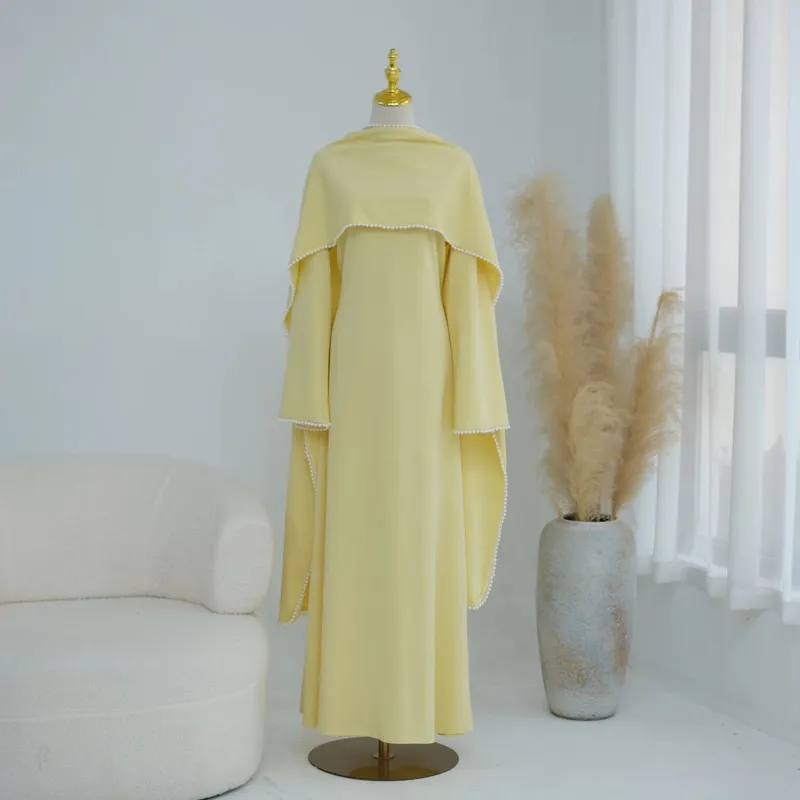 White Pearl Trim Cape Maxi Dress Women Elegant Long Sleeve Cinched Waist Muslim Robes 2026 Spring EID Abaya Lady Dresses — image 12
