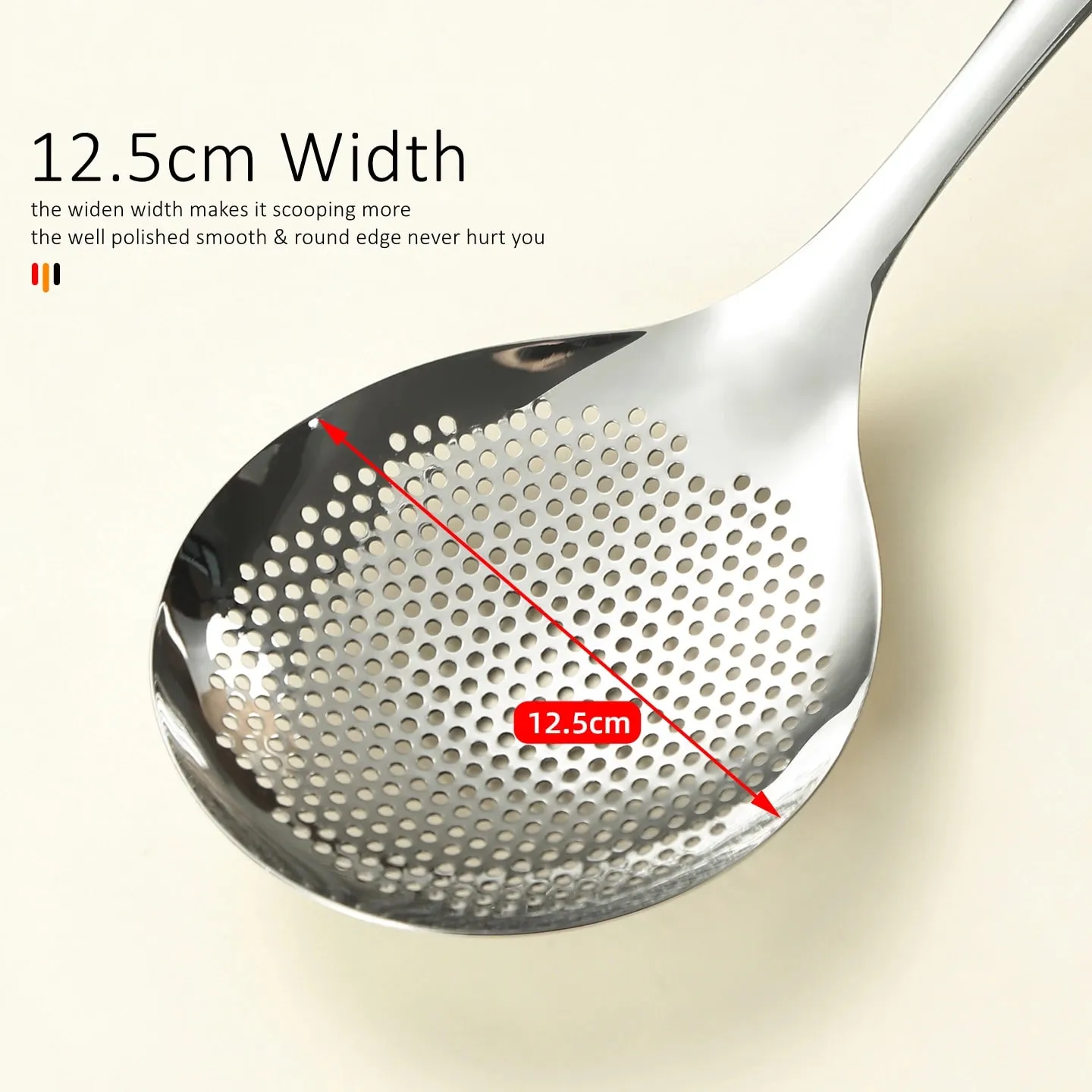 LFGB Certified Pure 304 Stainless Steel Kitchen Cooking Colander Ultra Thick 33cm Handle 12.5cm Head Sieve for Potato Frying — image 4