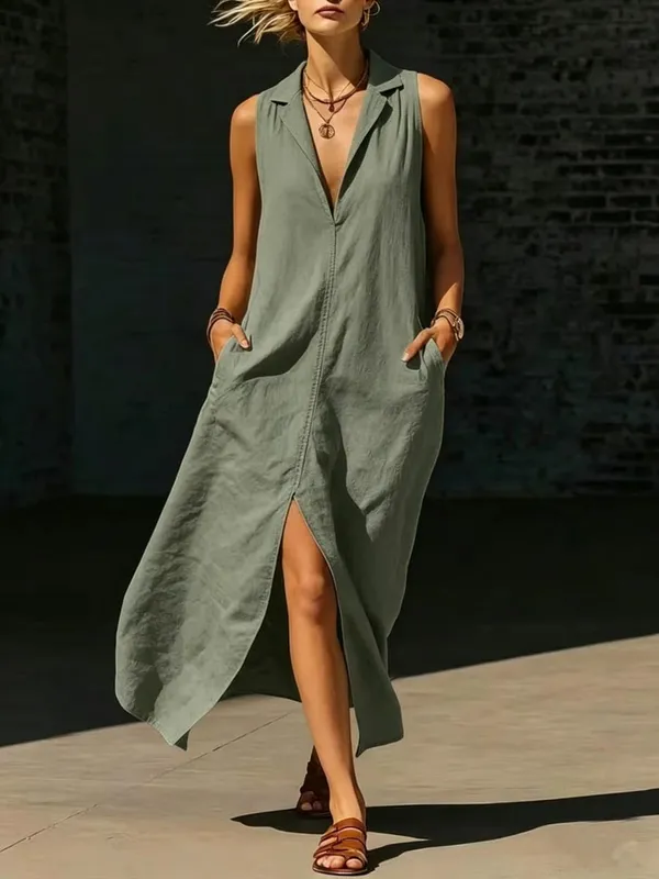 Casual Lapel Loose Sleeveless Maxi Dresses For Women Summer Tank Split Beach Long Dress Solid Colors With Pockets 2026 Sundress — image 12