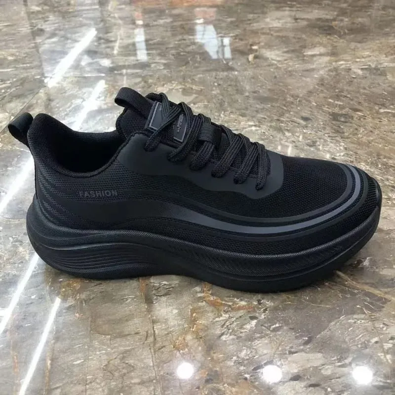 Men Breathable Mesh Sneakers Lace‑up Thick Platform Sole Lightweight Walking Shoes Outdoor Non‑slip Casual Sports Footwear