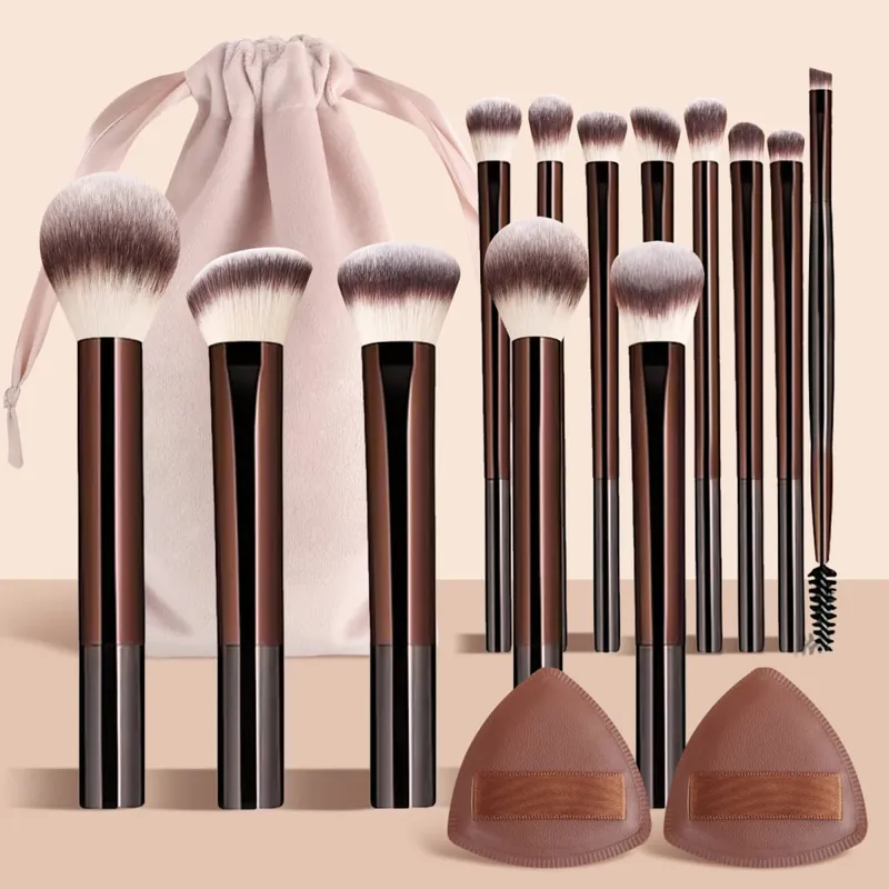 13Pcs Face & Eye Makeup Brushes Kit with Velvet Bag & 2 Triangle Puffs Makeup Tools for Beginners Daily Use — image 8