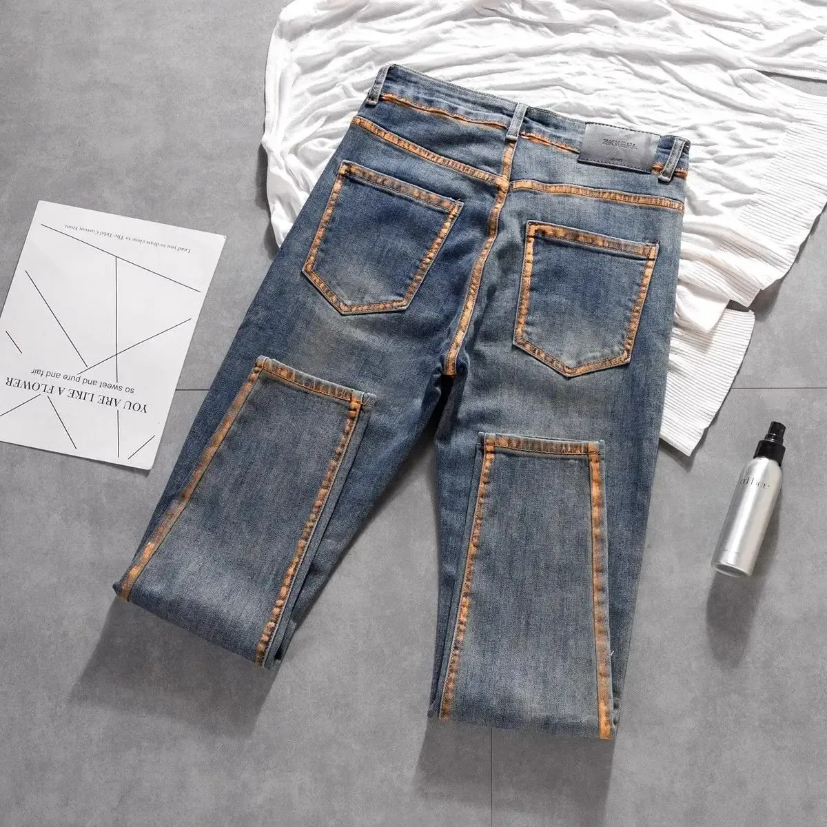 New Trousers Design Small Feet Elastic Slim Jeans High-end Casual Pants New Korean Work Original Paint Printing Trousers Man — image 7