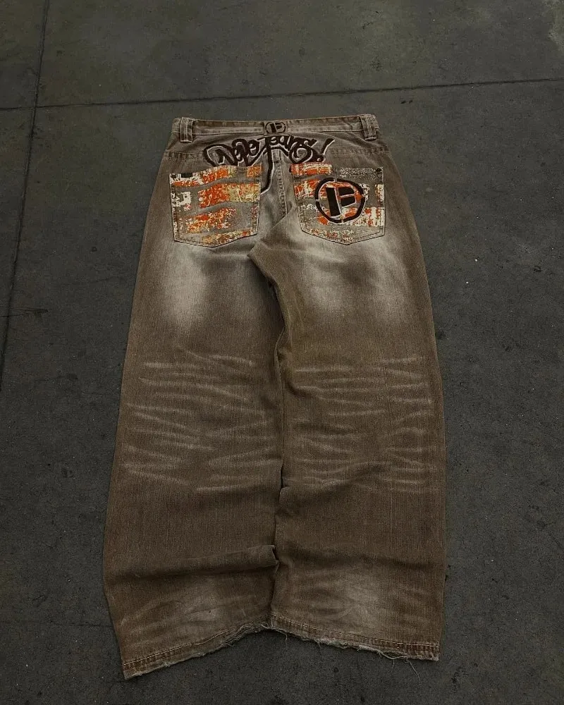 Y2K American Fashion New Oversize Letter Embroidered Yellow Washed Baggy Jeans Men Vintage Gothic Popular Casual Wide-leg Pants — image 4