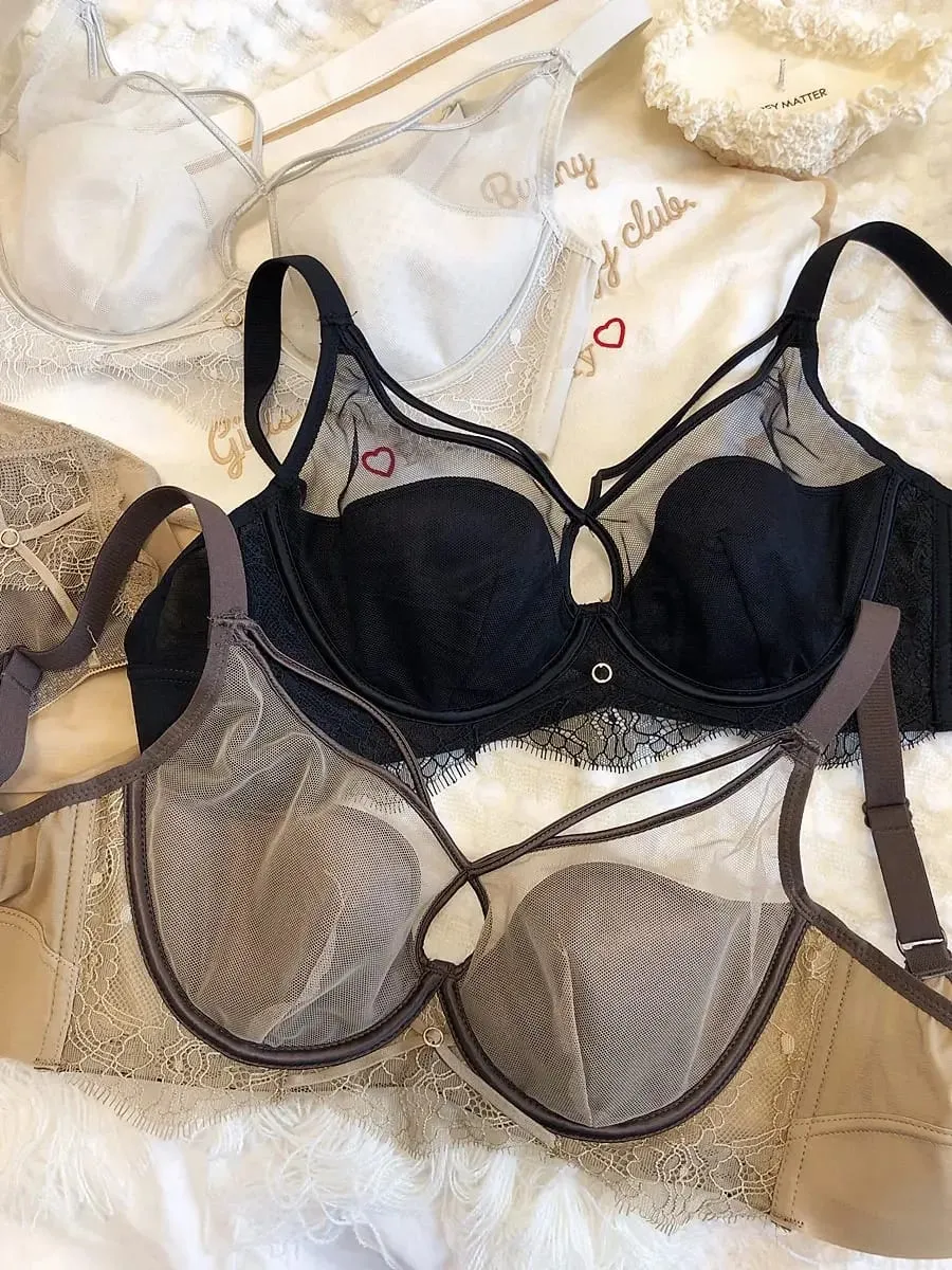 Sexy Hollow Bra Briefs Set Women Lace High Quality Underwear Thin Cup Adjustment Type Push Up Bras Mesh Lingerie Sets — image 4
