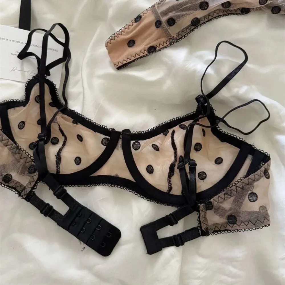 Ladies Polka Dot Lace Embroidery Bra Panty Set Soft Underwire Sheer Mesh Unlined Support Everyday Intimate Lingerie 32-38 Suit