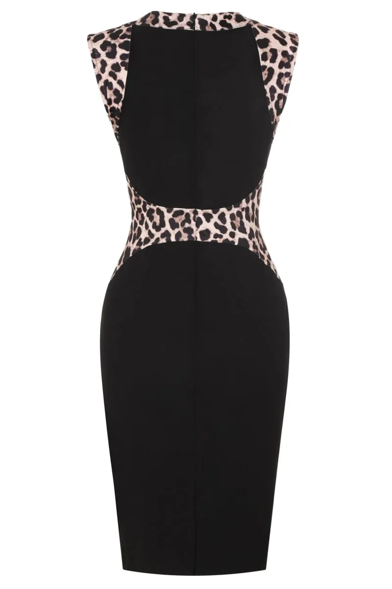 Womens Leopard Patchwork Crew Neck Sleeveless Cocktail Knee Length Business Casual Party Summer Pencil Bodycon Sheath Dress