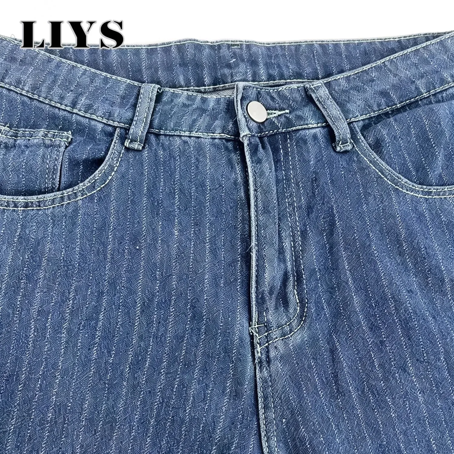 Men Vertical Thin Stripe Jacquard Baggy Denim Pants Classic Blue Loose Wide Leg Straight Leg Vintage Washed Jeans — image 6