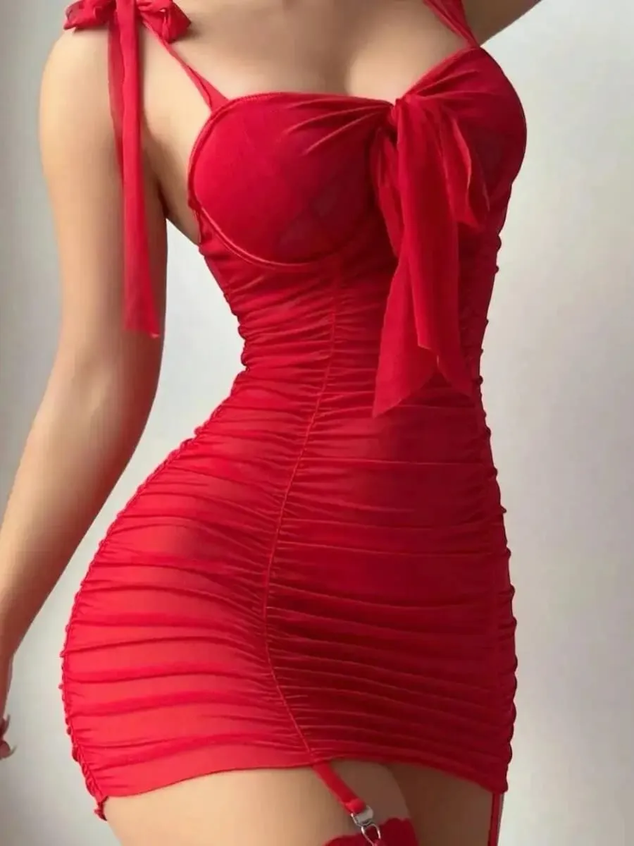 Sexy Bowknot Solid Color Dress Women's Thigh Black Silk Wrap Hip For Women Backless Deep V Suspenders Sleeveless Mini Dress BAUF — image 6