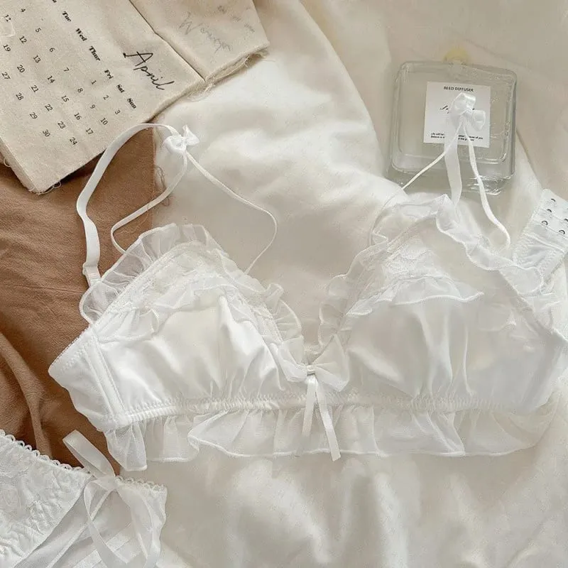 Sexy Lace Bra Thin Breathable Small Breasts Gathered Anti-Sagging Comfortable Non-steel Ring Bow Tie Girls Underwear Set