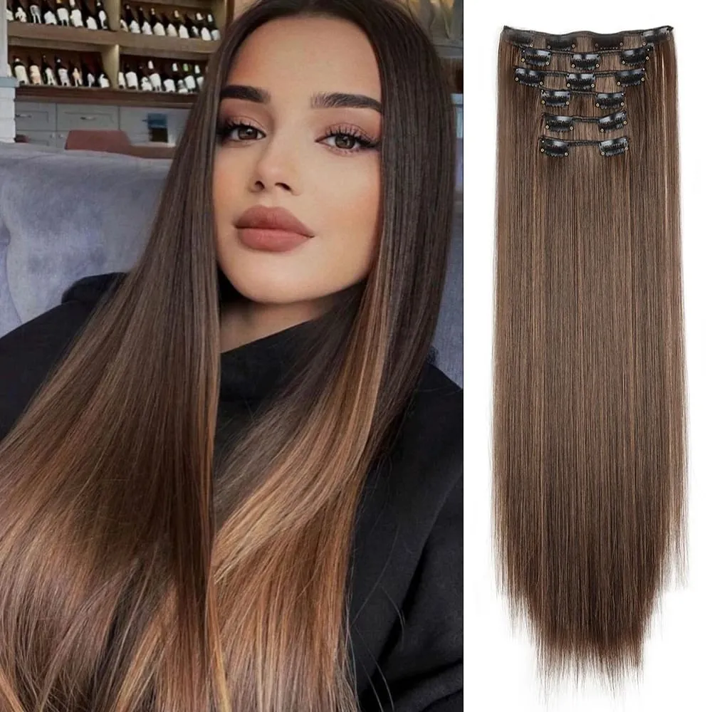 Black Hair Extensions 24"/60cm 6pcs/set Women Long Straight Synthetic Full Head Clip 16 Clips Ombre Heat Resistant Fiber Hair