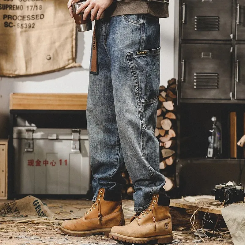 American Retro Jeans Men Autumn High StreetinsTrendy Cargo Pants Men Loose Fit Plus Size Straight Wide-Leg Pants — image 4