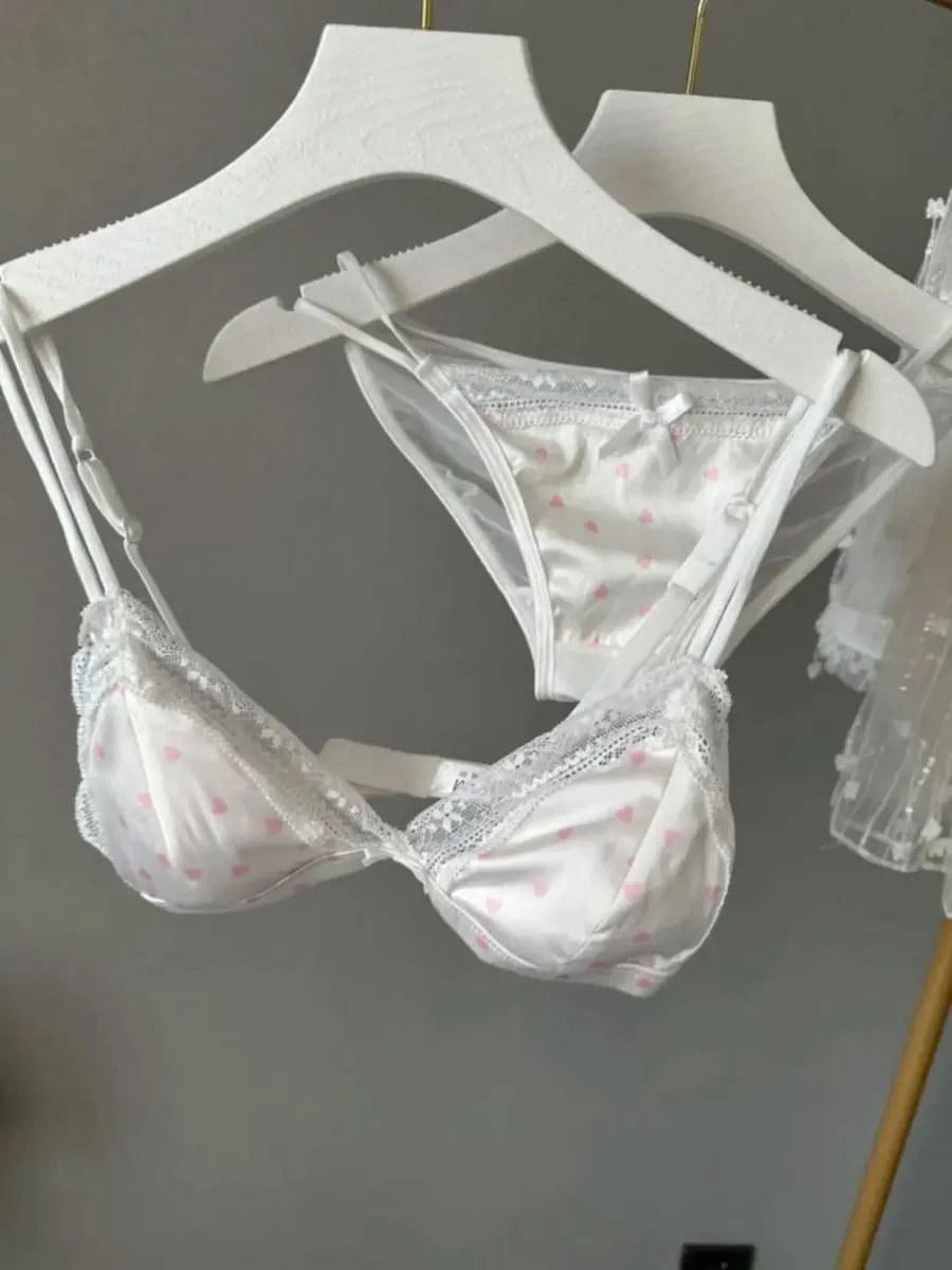 French Satin Lace Triangle Bra Set Wireless Thin Cup Small Bust Push Up Lingerie Side Support Anti Sag Sexy Women Underwear S-XL