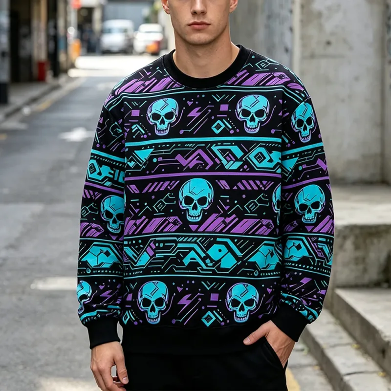 Felpa con stampa scheletro rosa stile gotico Felpa girocollo casual retrò da uomo Abbigliamento Harajuku Top moda hip-hop di strada