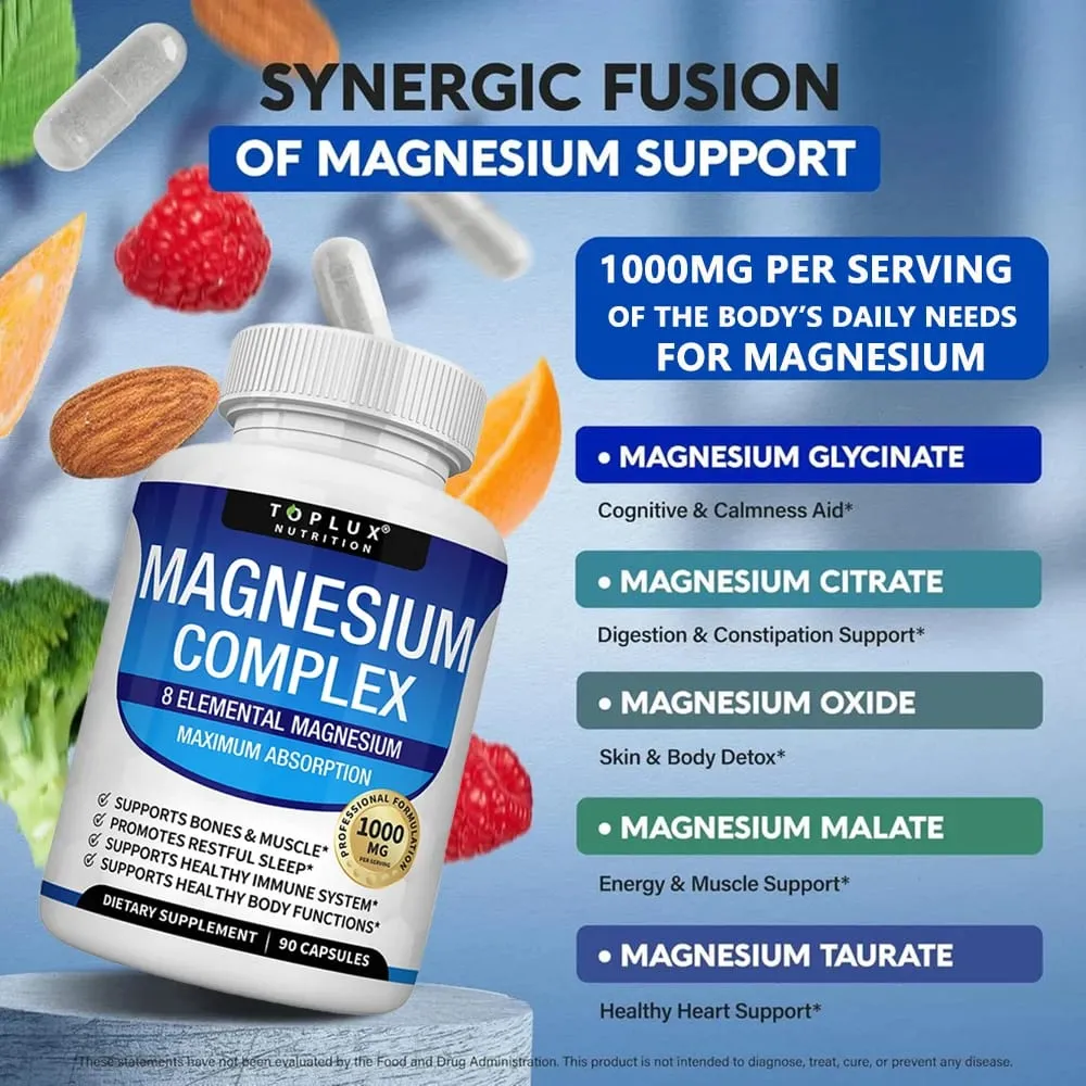 Magnesium Complex 1000mg 8 Elemental Magnesium Supplement na may Glycinate Citrate Oxide Aspartate Orotate Malate Taurate High Abs