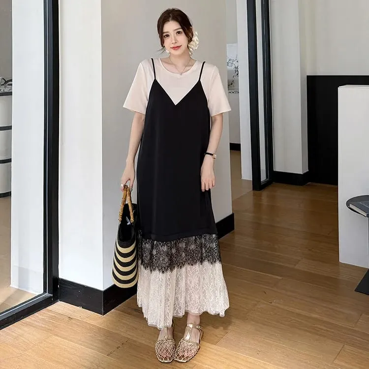 New 2026 Summer Women's Dresses Loose Plus Size Patchwork Lace Vestidos Fake Two Piece Female T-Shirt Dress Robe KE6690