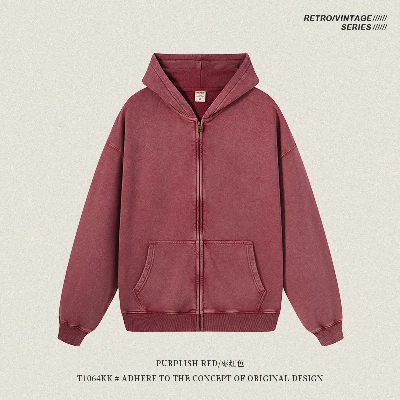 Retro Autumn Batik Washed Zipper Hoodie For Men Unisex Oversized Distressed 420gsm Terry 100% Cotton Hooded Coats HY0936