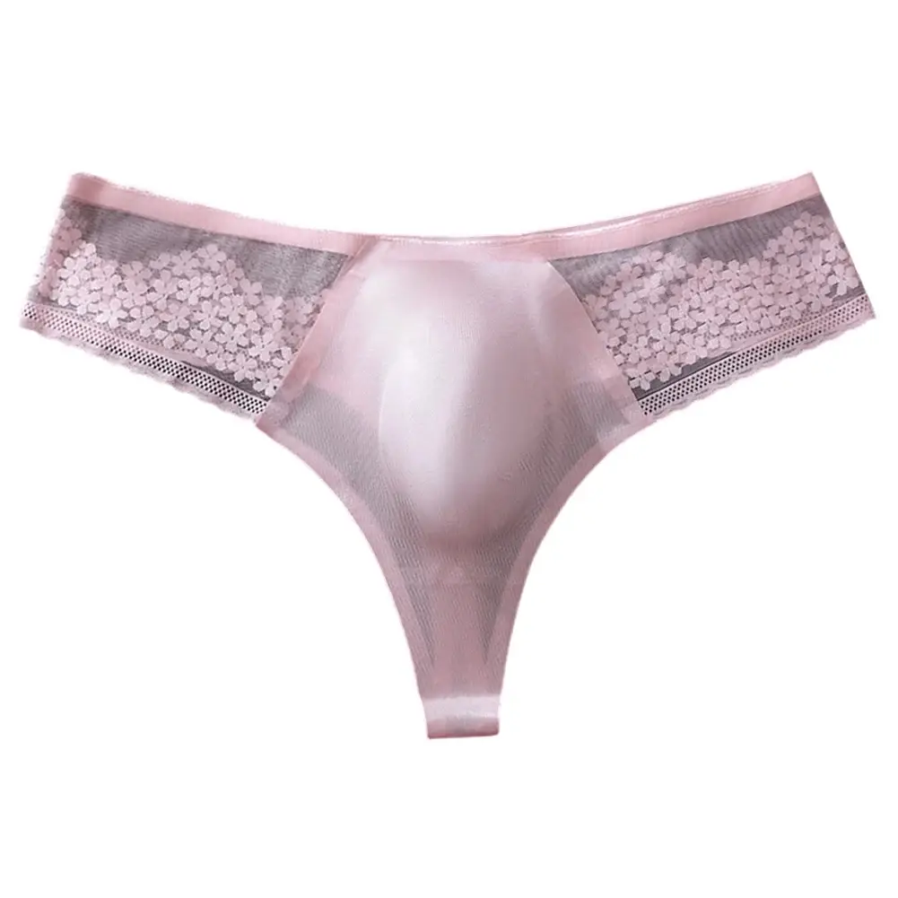 Breathable Men's Lace G-String Underwear Featuring Thin Seamless Ice Silk Fabric with 3D Bulge Pouch and Solid Color Design