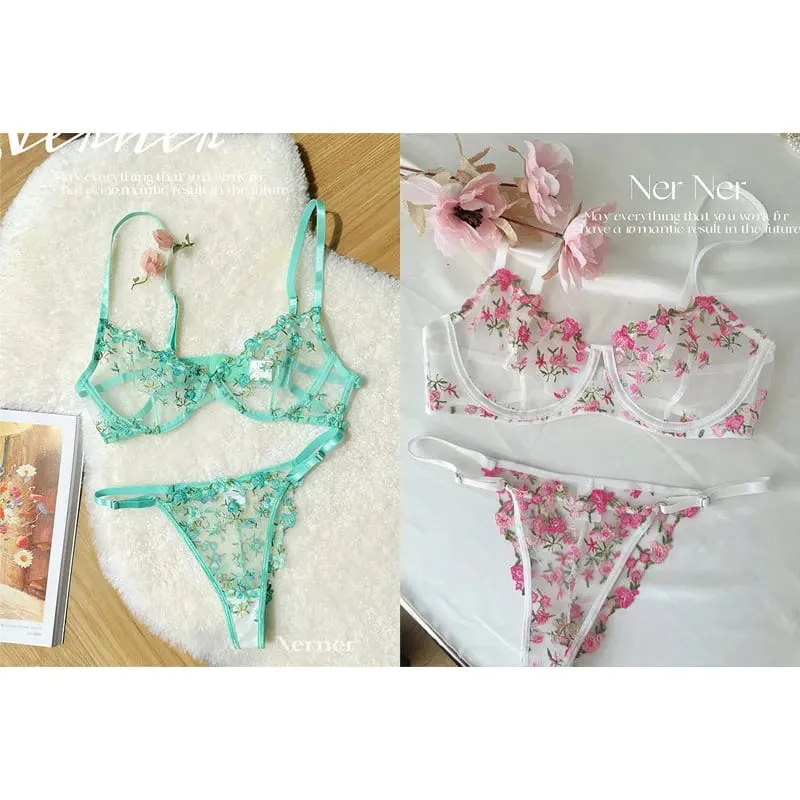 Transparent Floral Lace Embroidery Bra Set Summer Thin Minimizer Underwear Soft Breathable Full Bust Female Home Daily Wear S-XL