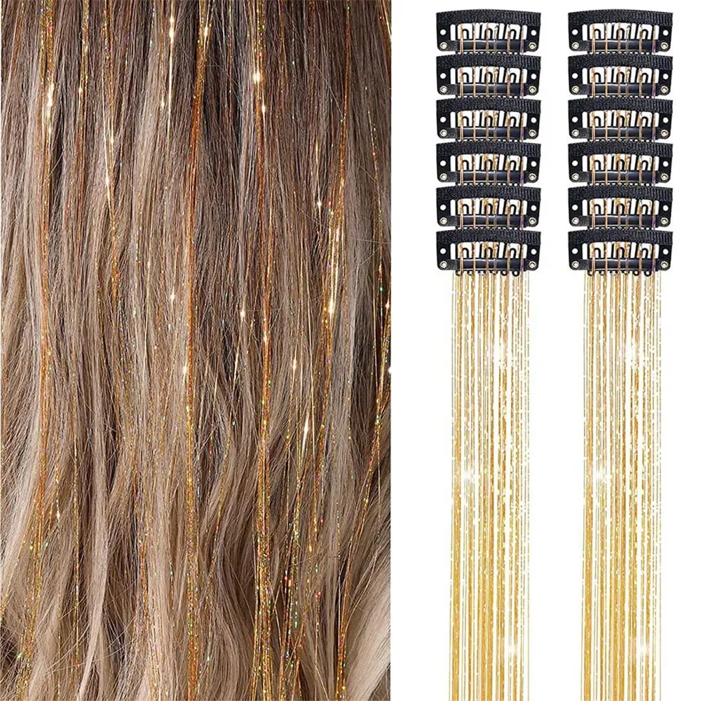 12Pcs Clip Hair Tinsel Clip in Glitter Tinsel Hair Extensions Synthetic Heat Resistant Shiny Sparkle Hair Tinsel for Women Girls