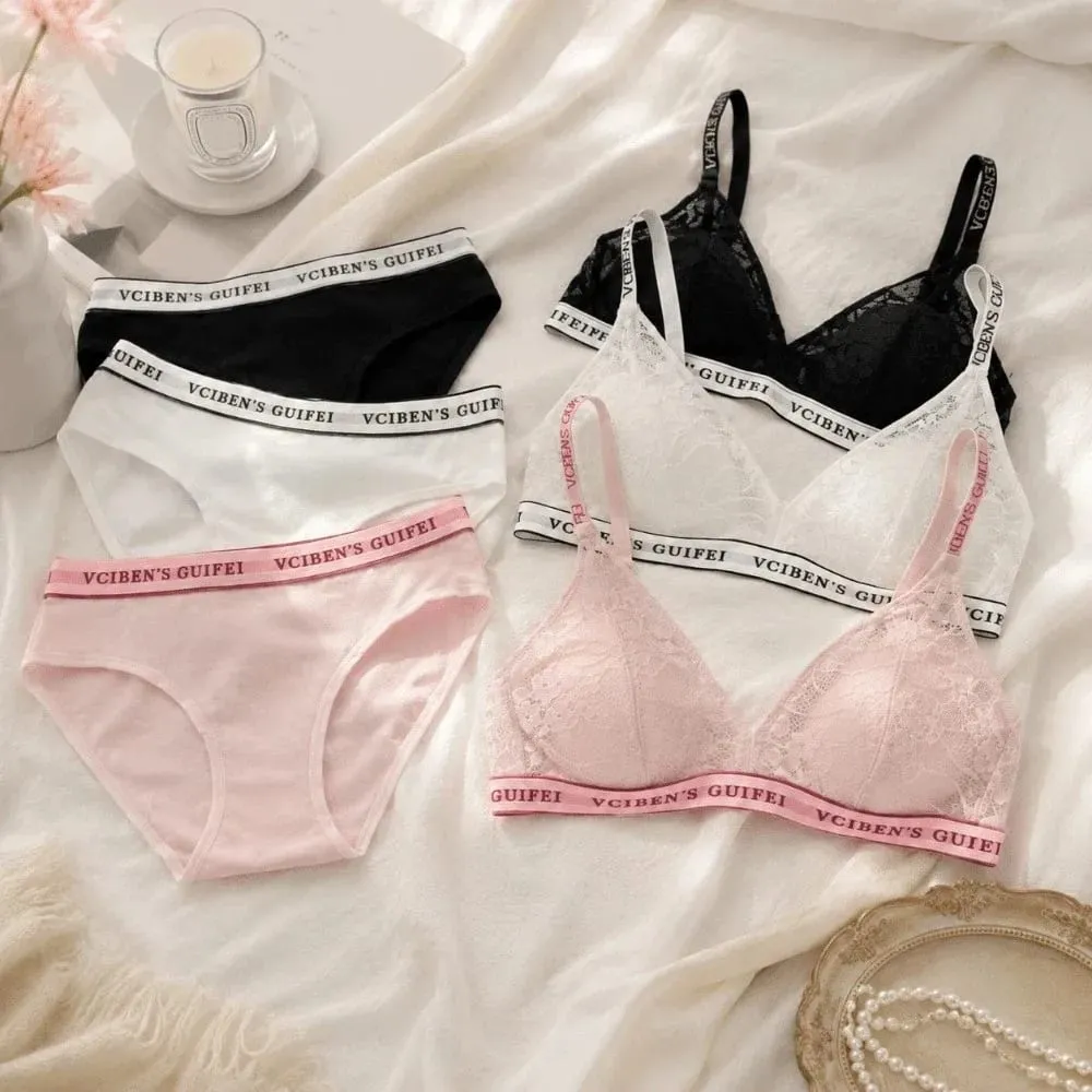 Bra Suit Letter Design Lingerie Set Lace Wireless Women Underwear Suit Deep V Color Blocking Bra Panties Set Women