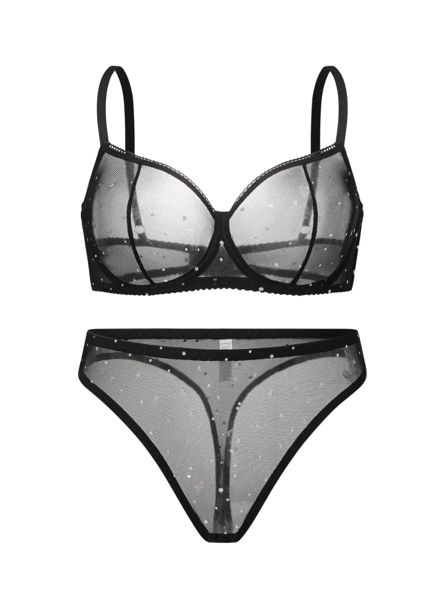 Sexy Black Lace Sequin Bra and Panty Set Women's Push Up Underwire Non Padding Lingerie Set for Valentine's Day S-XL — image 1