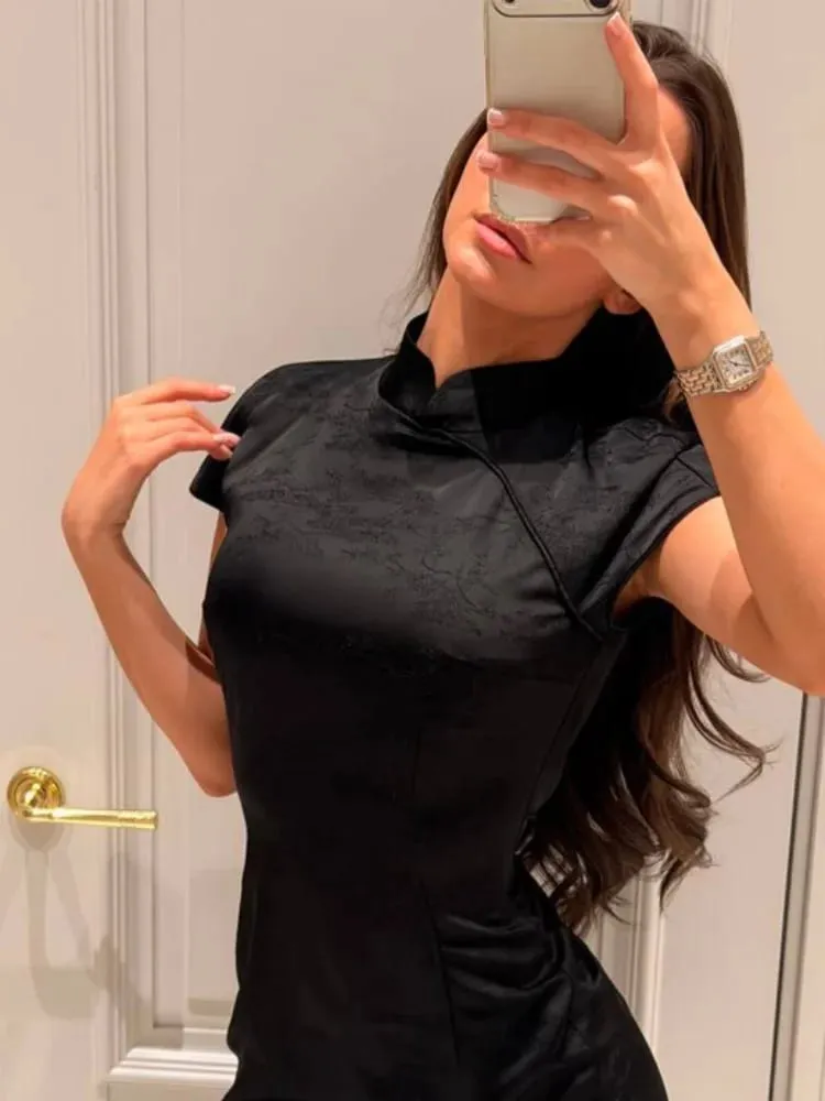 White Satin Patchwork Lace Trim Dress Women's Stand Collar Short Sleeve Ruffle Draped Sexy Dresses 2026 Lady Date Vestidos — image 1