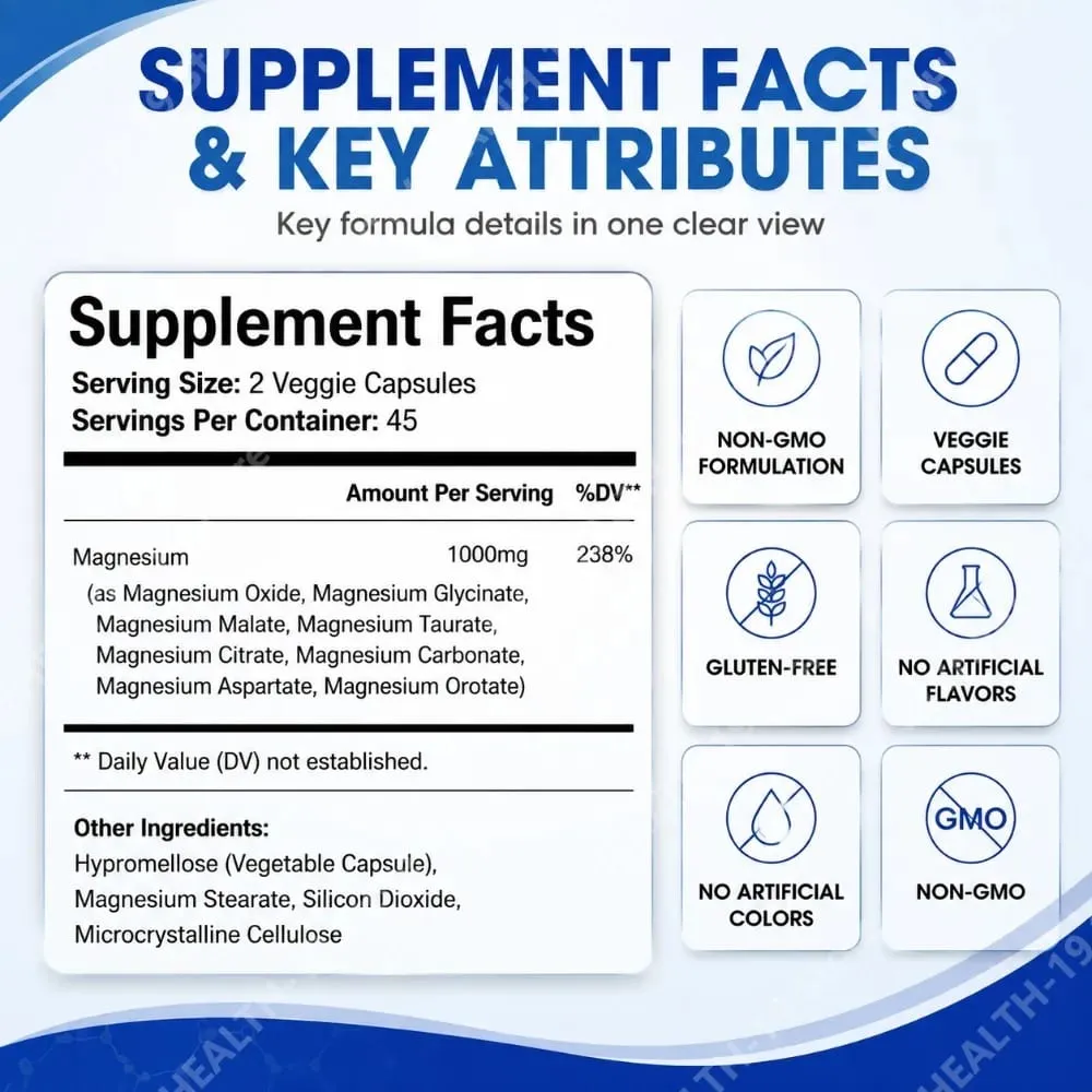 Cápsulas de complexo de magnésio 8 formas 1000 mg de óxido de glicinato malato para osso do sono, suporte muscular e bem-estar, adulto, 90 contagens