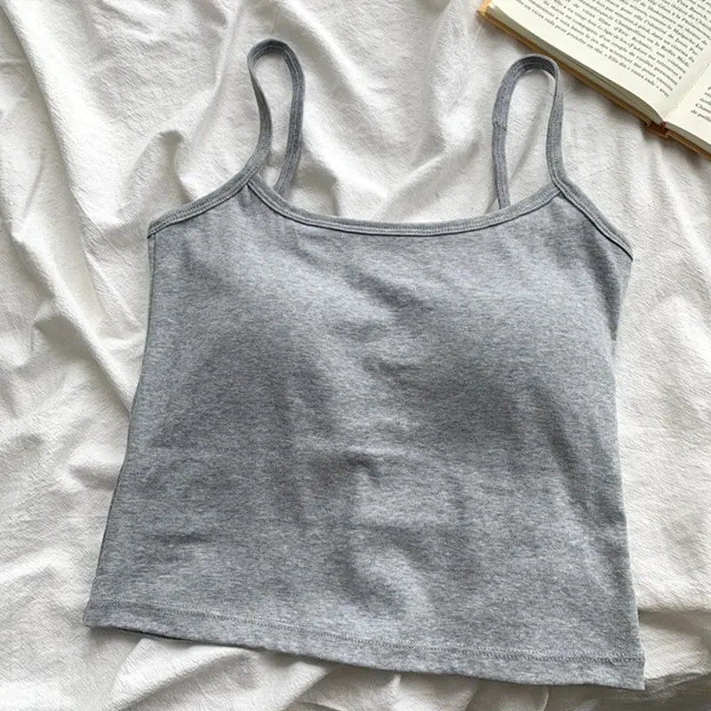 Women's Camisole With Built In Bra Pads Slim Fit Crop Tank Top Basic Spaghetti Strap Cami Casual Summer Sleeveless Top
