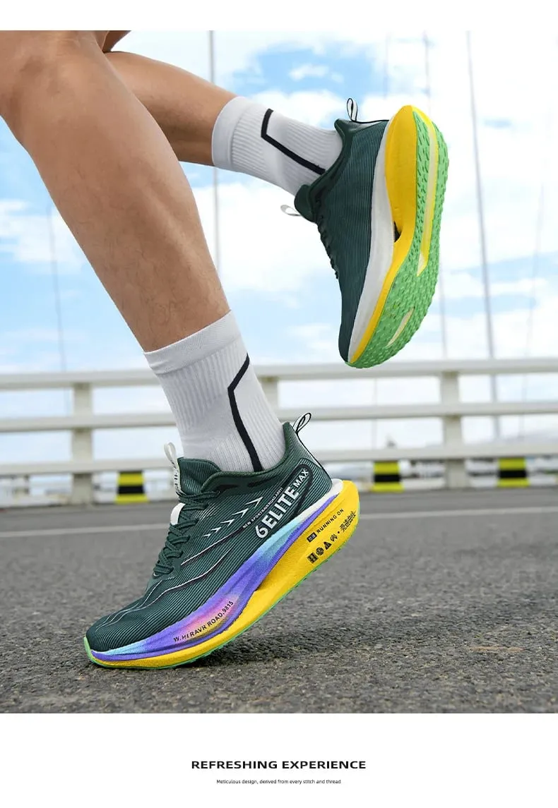 Men's Carbon Plate Sports Shoes Anti-slip Cushioned Elastic Running Sneakers for Couple Teenager Training Lightweight Breathable