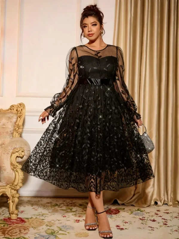 Sophisticated Dinner Dress with Sheer Sleeves and Sparkling Details for Galas