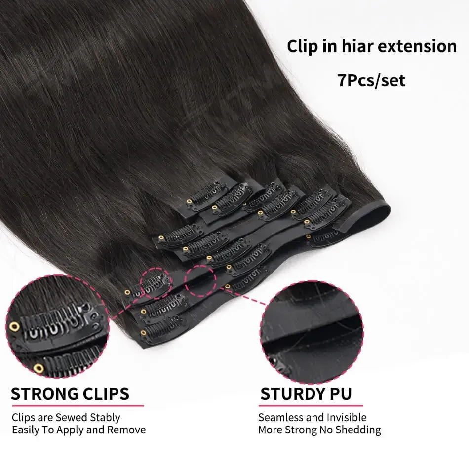 Straight PU Clip Ins Human Hair Extensions Black Brown Color 7 Pcs 110g/Set Seamless Invisible PU Weft For Women 100% Human Hair — image 3